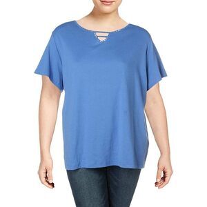 KAREN Scott Blue Keyhole Short Sleeve Blouse 2X